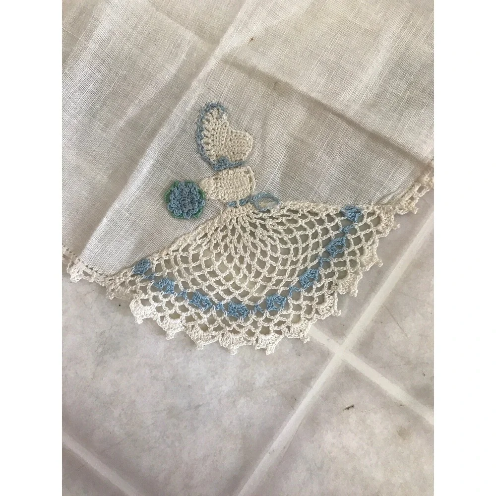 Vintage New Linen Handkerchief Crocheted Decorative Edge Lady with Dress Bonnet
